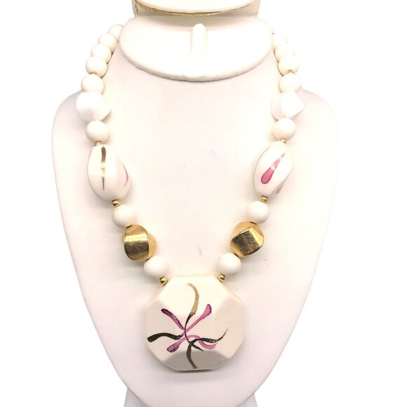 Hand Painted Japanese Beaded Necklace, White, Mauve and Gold Abstract Fireworks - Picture 1 of 9
